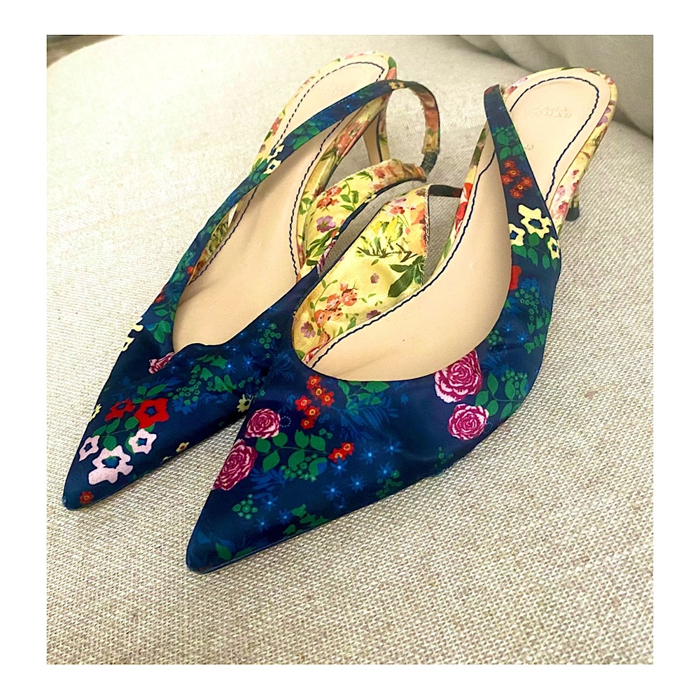 Zara Heels Slingbacks 40 9 9.5  pointy kitten floral blue multicolor satin euc